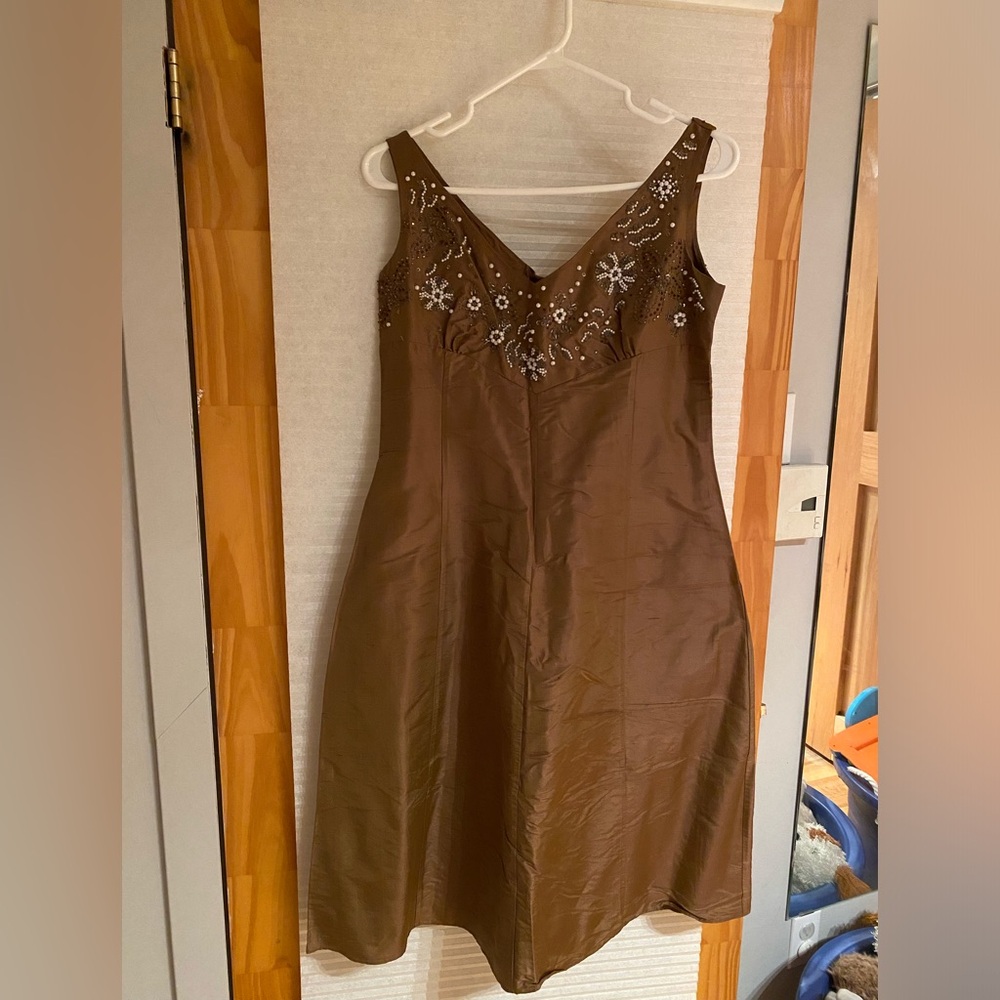 Brown Sleeveless Silk Dress with Embellished Beaded Bodice